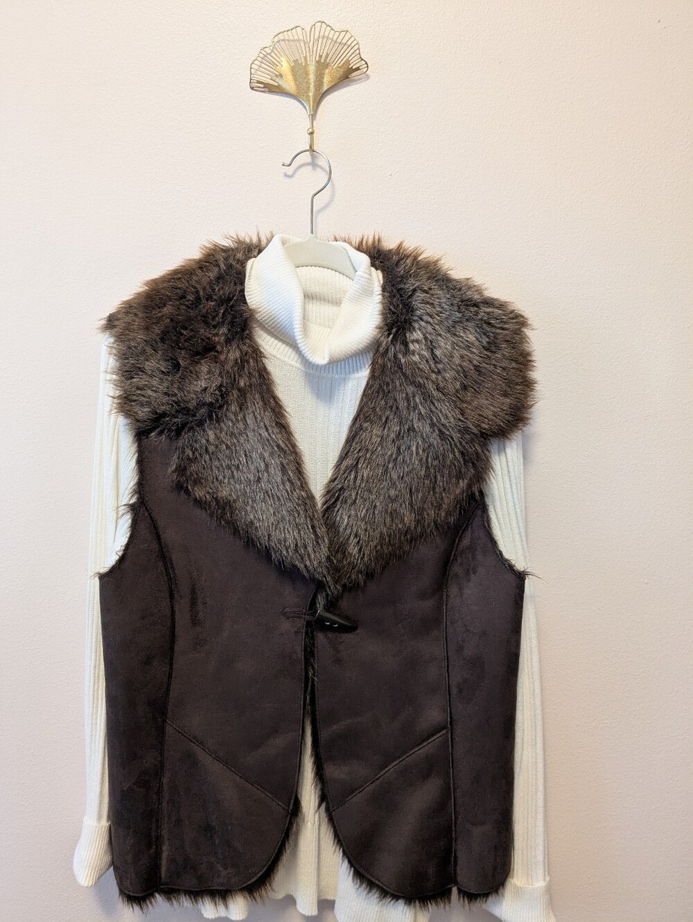 Fever Brown Faux-Suede Vest with Gray Faux-Fur Collar
